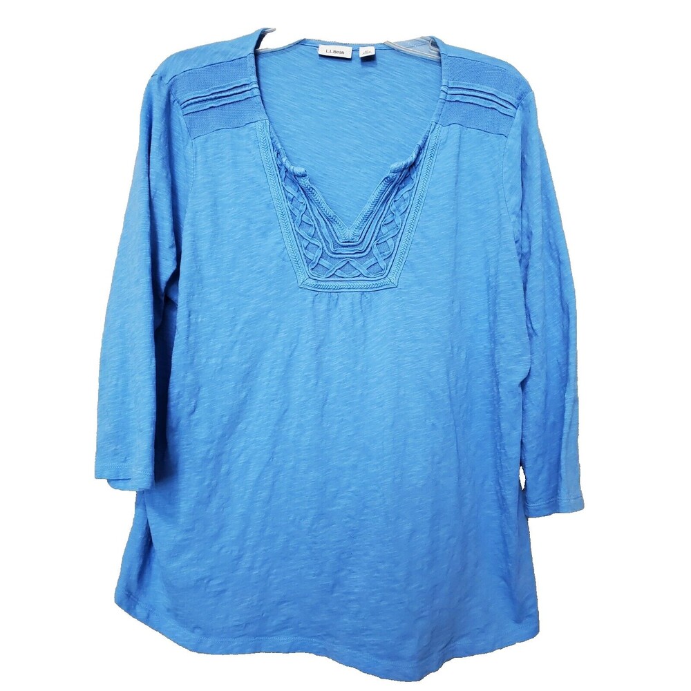 LL Bean Blue 100% Cotton Split Neck 3/4 Sleeve Tunic Size 1X